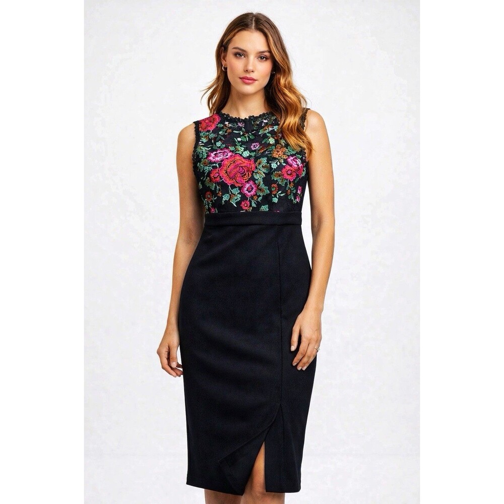 Bisou bisou Michael bohbot floral lace ,Black sleeveless pencil dress size 4 NWT